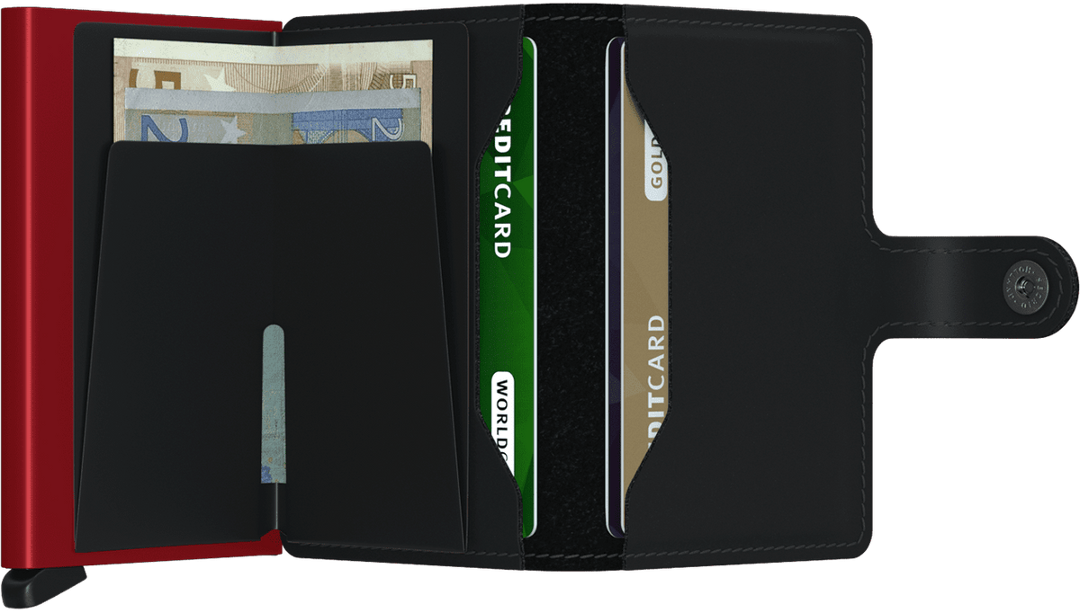 Portefeuille Miniwallet en cuir mat – Secrid, noir et rouge, vue ouverte avec les rangements intérieurs