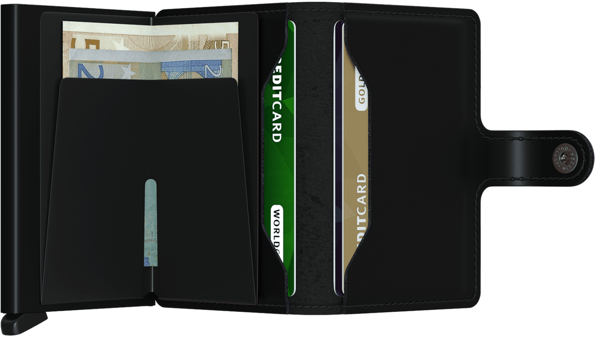 Portefeuille Miniwallet en cuir mat – Secrid, noir, vue ouverte avec les rangements intérieurs