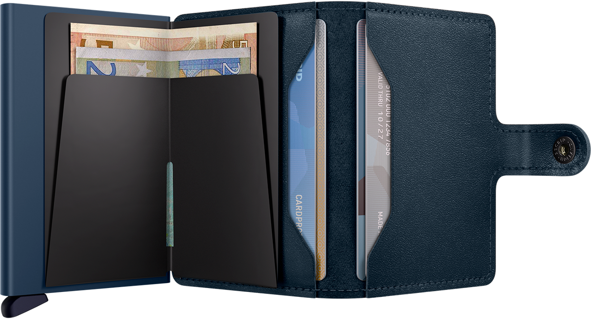 Portefeuille Miniwallet Original – Secrid, bleu marine, vue ouverte avec les rangements intérieurs