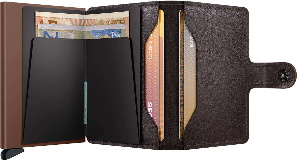 Portefeuille Miniwallet Original – Secrid, chocolat, vue ouverte avec les rangements intérieurs