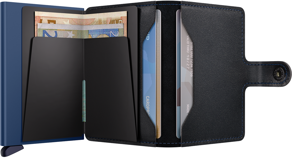 Portefeuille Miniwallet Original – Secrid, noir et bleu marine, vue ouverte avec les rangements intérieurs
