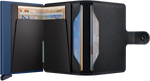 Portefeuille Miniwallet Original – Secrid, noir et bleu marine, vue ouverte avec les rangements intérieurs