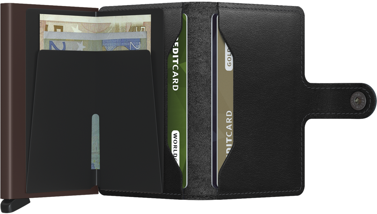 Portefeuille Miniwallet Original – Secrid, noir et brun, vue ouverte avec les rangements intérieurs