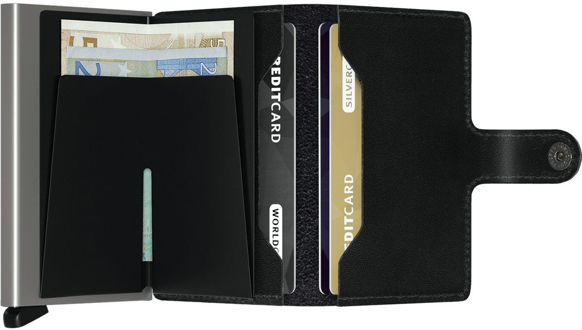 Portefeuille Miniwallet Original – Secrid, noir, vue ouverte avec les rangements intérieurs