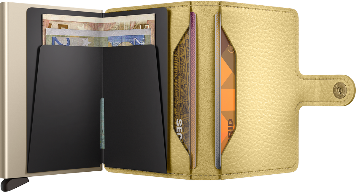 Portefeuille Miniwallet Pebble – Secrid, jaune beurre, vue ouverte avec les rangements intérieurs