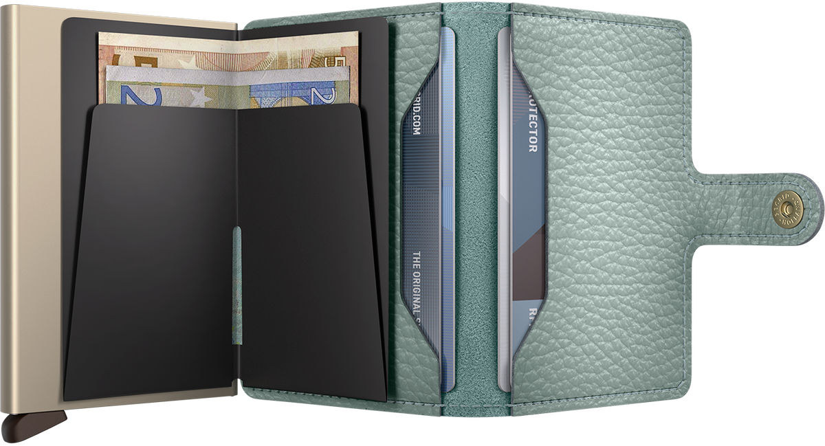 Portefeuille Miniwallet Pebble – Secrid, vert d’eau, vue ouverte avec les rangements intérieurs