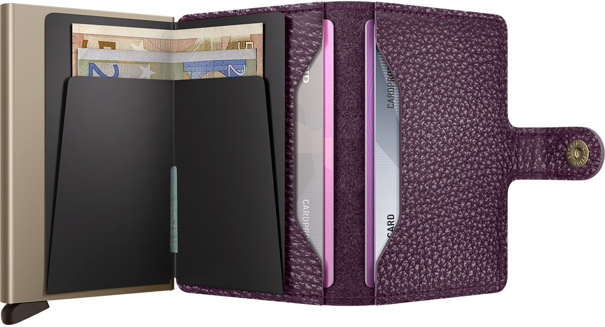 Portefeuille Miniwallet Pebble – Secrid, violet raisin, vue ouverte avec les rangements intérieurs