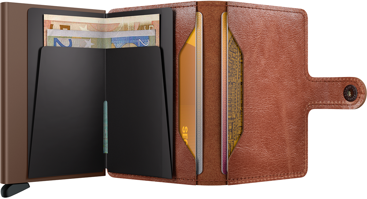 Portefeuille Miniwallet Vintage – Secrid, cognac et brun, vue ouverte avec les rangements intérieurs