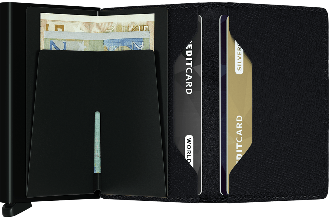 Portefeuille Slimwallet Crisple – Secrid, noir, vue ouverte avec les rangements intérieurs