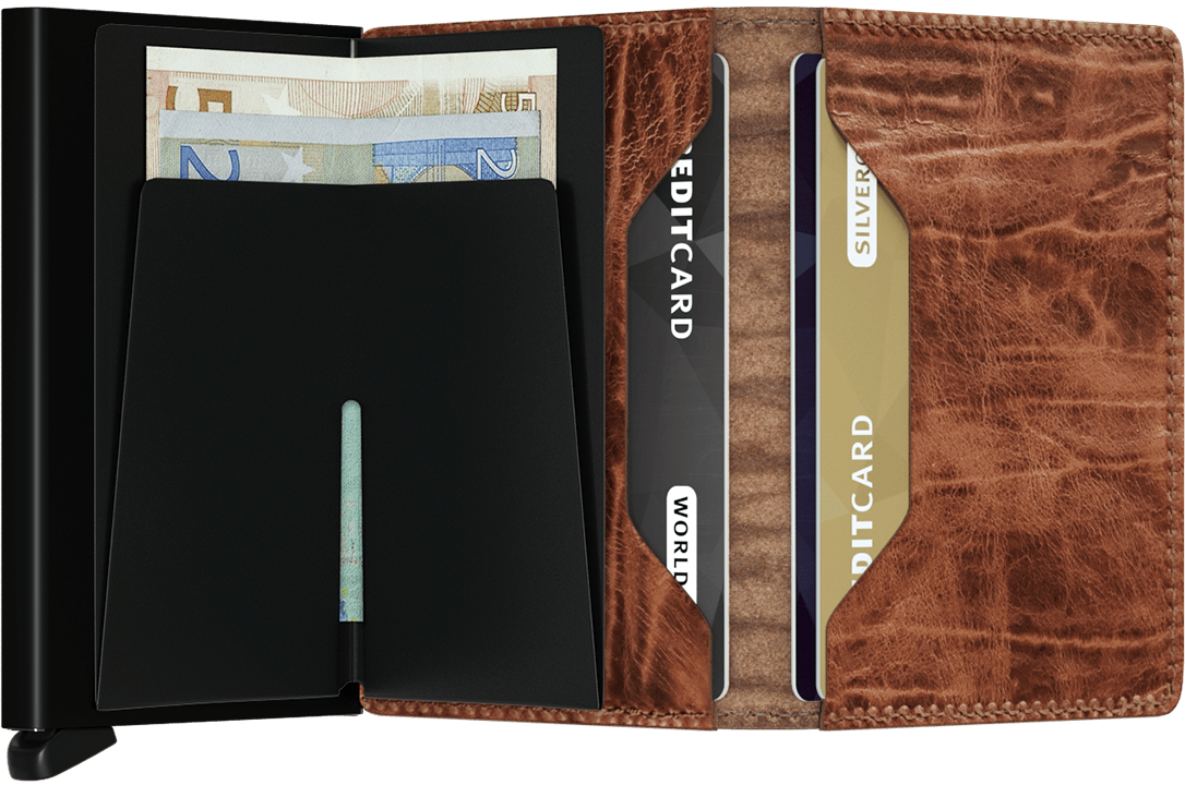 Portefeuille Slimwallet Dutch Martin – Secrid, whisky, vue ouverte avec les rangements intérieurs