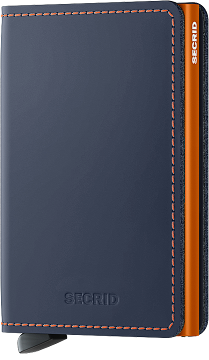 Portefeuille Slimwallet en cuir mat – Secrid, bleu nuit et orange, vue de face