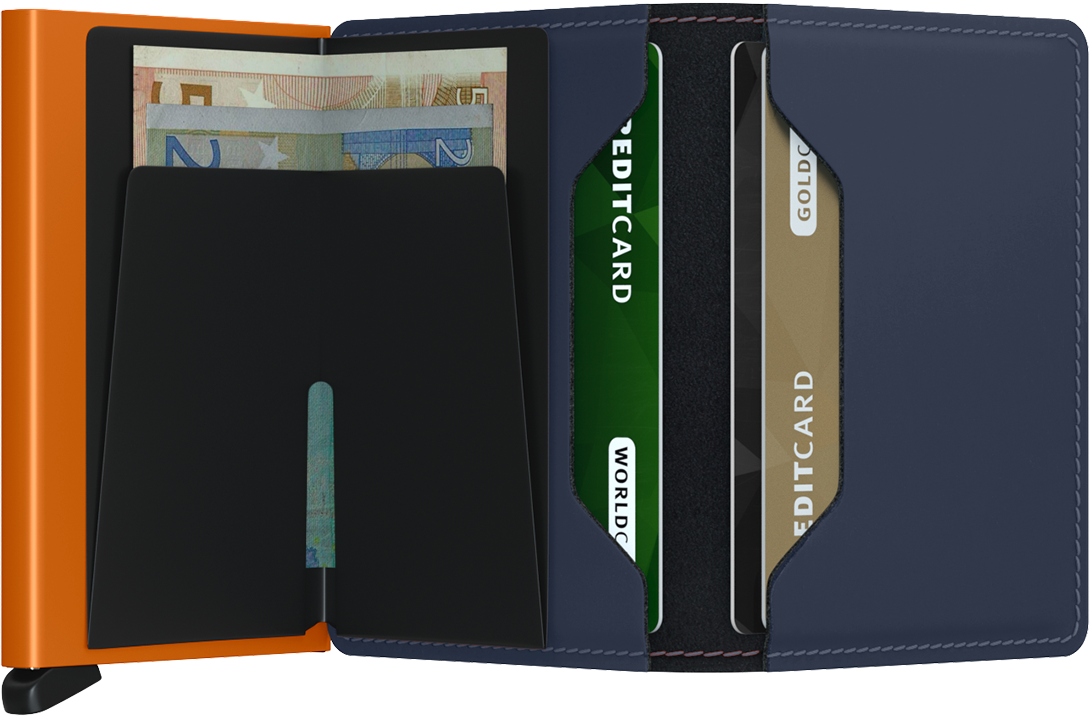 Portefeuille Slimwallet en cuir mat – Secrid, bleu nuit et orange, vue ouverte avec les rangements intérieurs