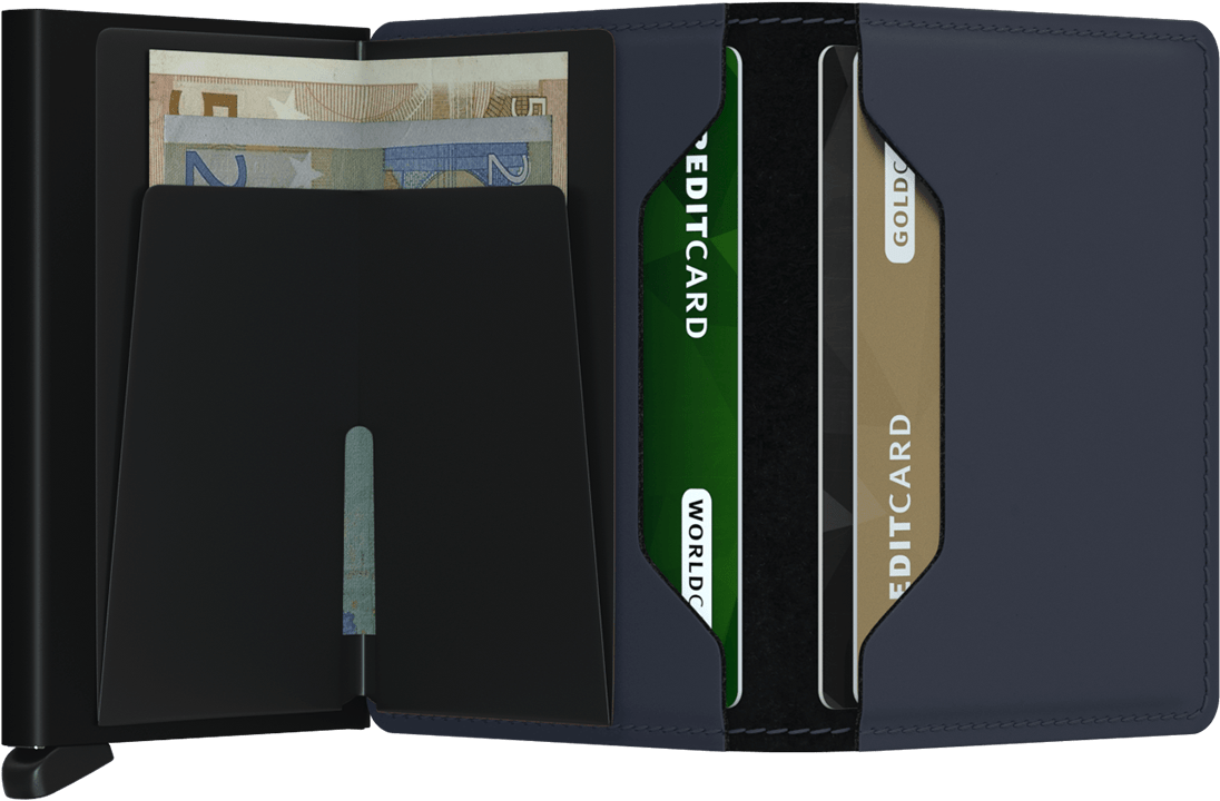 Portefeuille Slimwallet en cuir mat – Secrid, bleu nuit, vue ouverte avec les rangements intérieurs