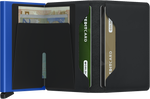 Portefeuille Slimwallet en cuir mat – Secrid, noir et bleu, vue ouverte avec les rangements intérieurs