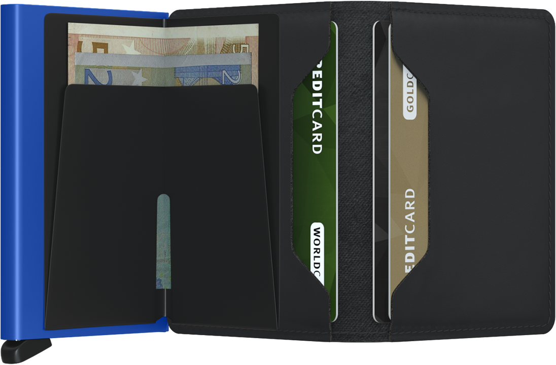 Portefeuille Slimwallet en cuir mat – Secrid, noir et bleu, vue ouverte avec les rangements intérieurs