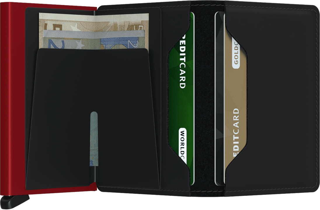 Portefeuille Slimwallet en cuir mat – Secrid, noir et rouge, vue ouverte avec les rangements intérieurs