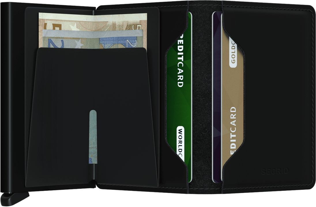 Portefeuille Slimwallet en cuir mat – Secrid, noir, vue ouverte avec les rangements intérieurs
