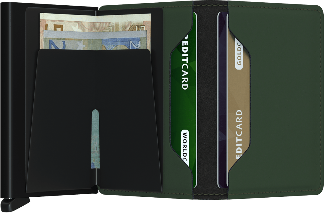 Portefeuille Slimwallet en cuir mat – Secrid, vert et noir, vue ouverte avec les rangements intérieurs