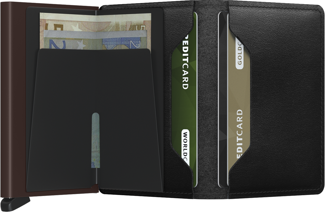 Portefeuille Slimwallet Original – Secrid, noir et brun, vue ouverte avec les rangements intérieurs