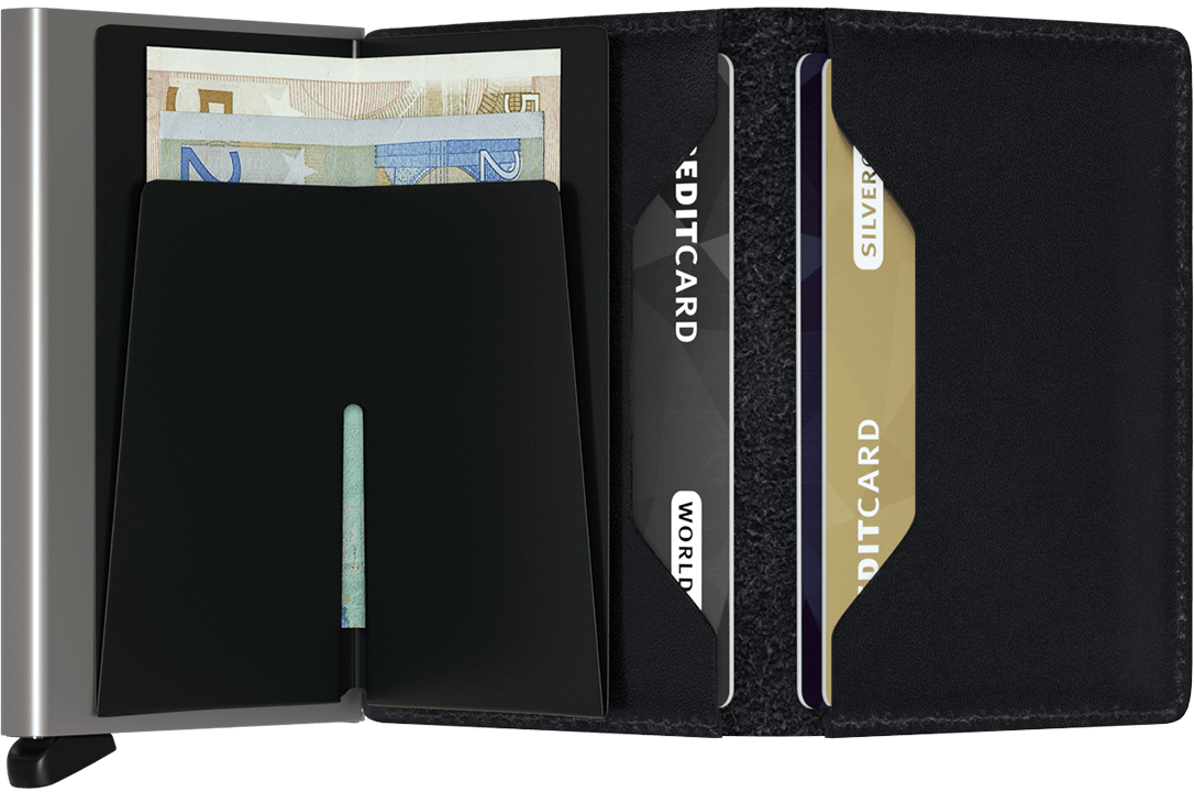Portefeuille Slimwallet Original – Secrid, noir, vue ouverte avec les rangements intérieurs