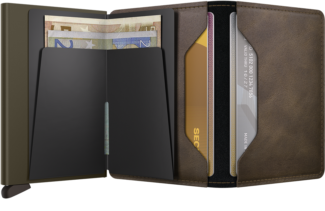 Portefeuille Slimwallet Vintage – Secrid, chêne, vue ouverte avec les rangements intérieurs