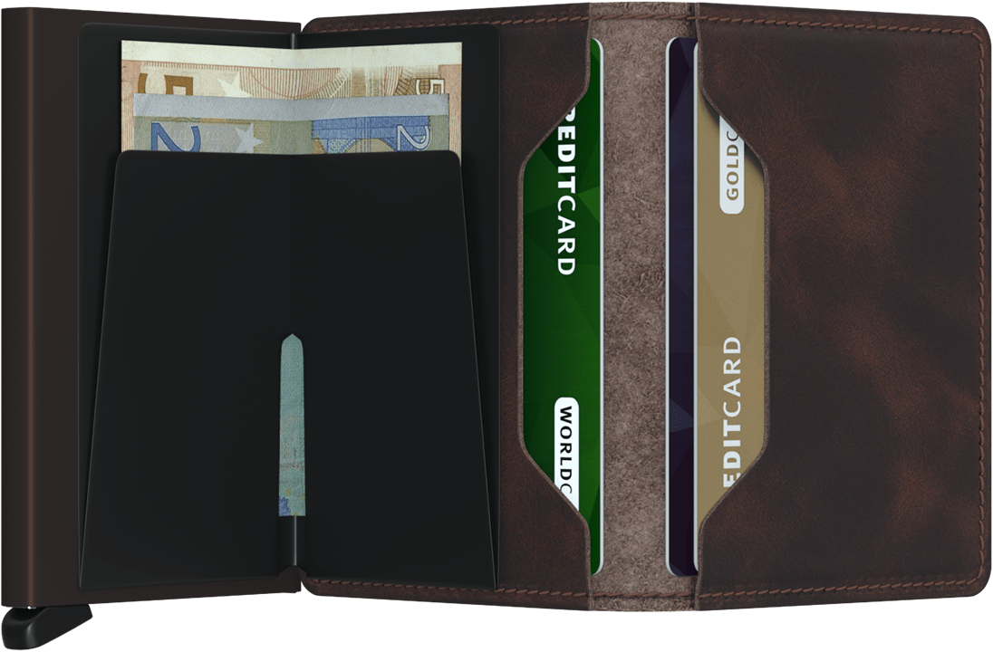 Portefeuille Slimwallet Vintage – Secrid, chocolat, vue ouverte avec les rangements intérieurs