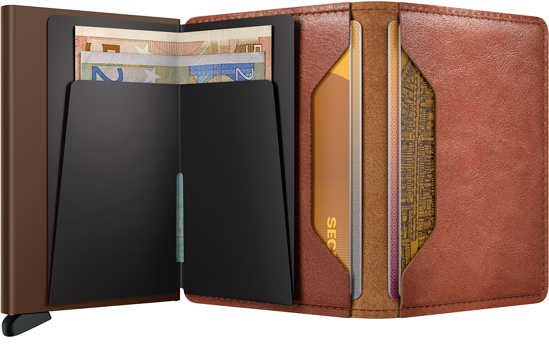 Portefeuille Slimwallet Vintage – Secrid, cognac et brun, vue ouverte avec les rangements intérieurs