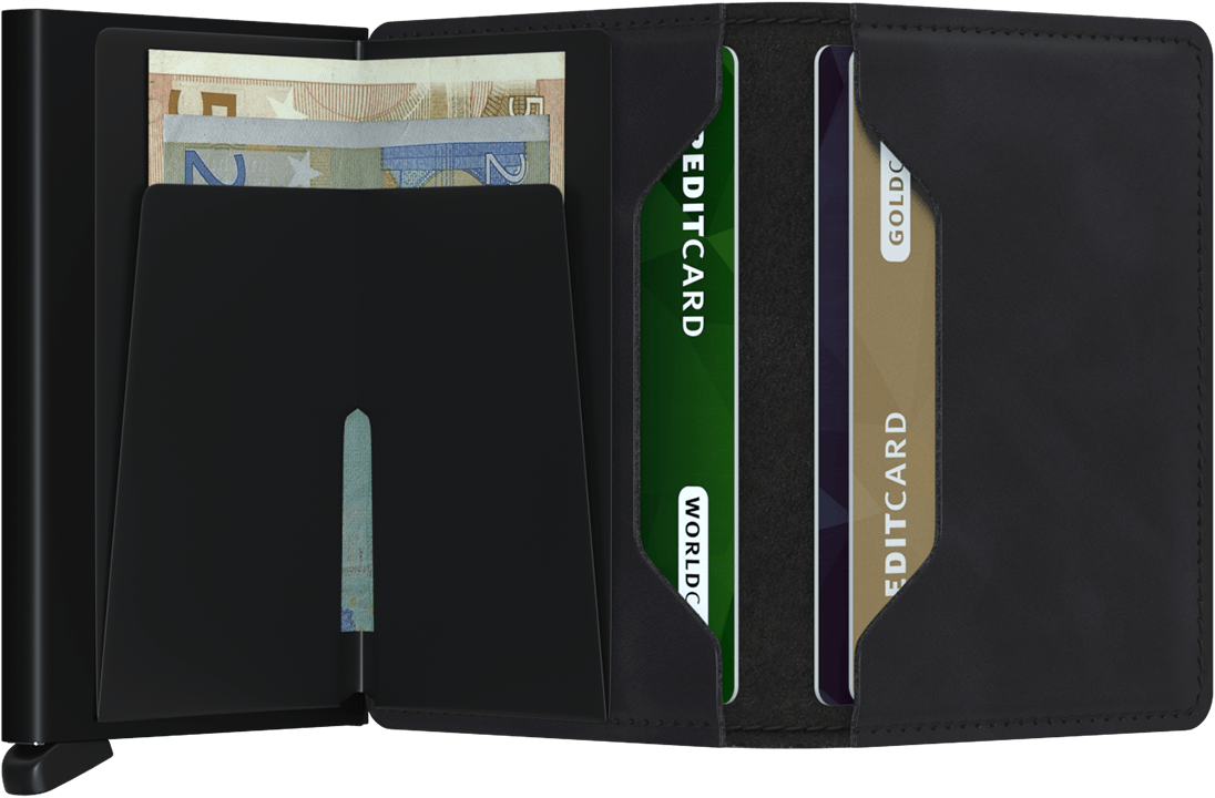 Portefeuille Slimwallet Vintage – Secrid, noir, vue ouverte avec les rangements intérieurs