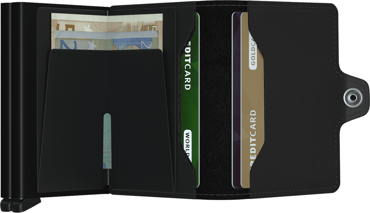 Portefeuille Twinwallet en cuir mat – Secrid, noir, vue ouverte avec les rangements intérieurs