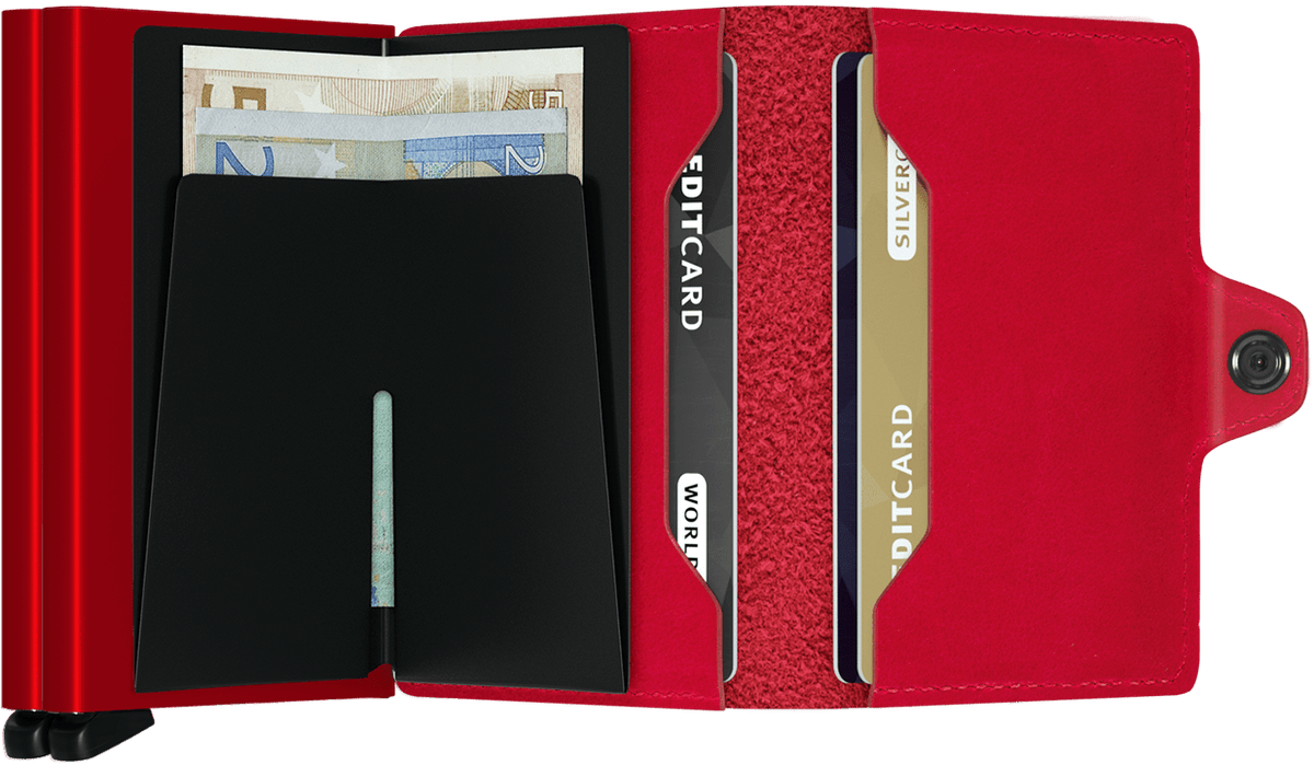 Portefeuille Twinwallet Original – Secrid, rouge, vue ouverte avec les rangements intérieurs