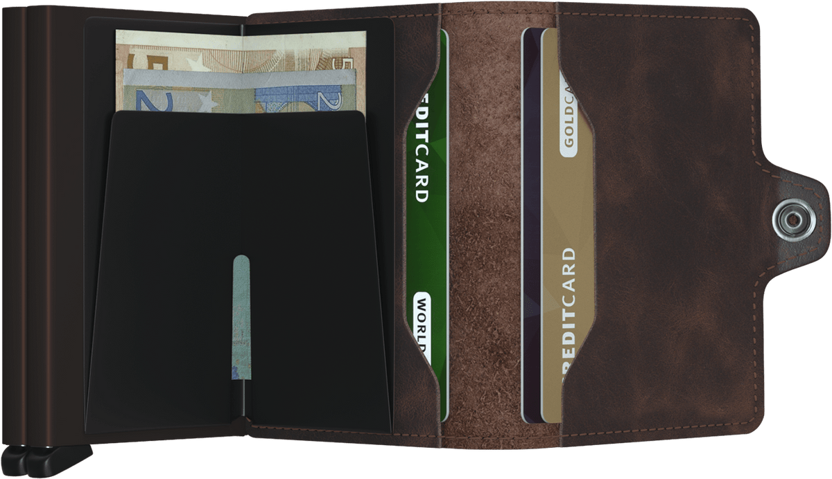 Portefeuille Twinwallet Vintage – Secrid, chocolat, vue ouverte avec les rangements intérieurs