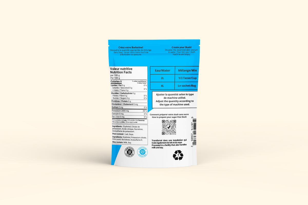 Verso du sachet Base neutre sans sucre pour barbotine – 180 g Poudrélicieux : préparation, ingrédients et valeur nutritive