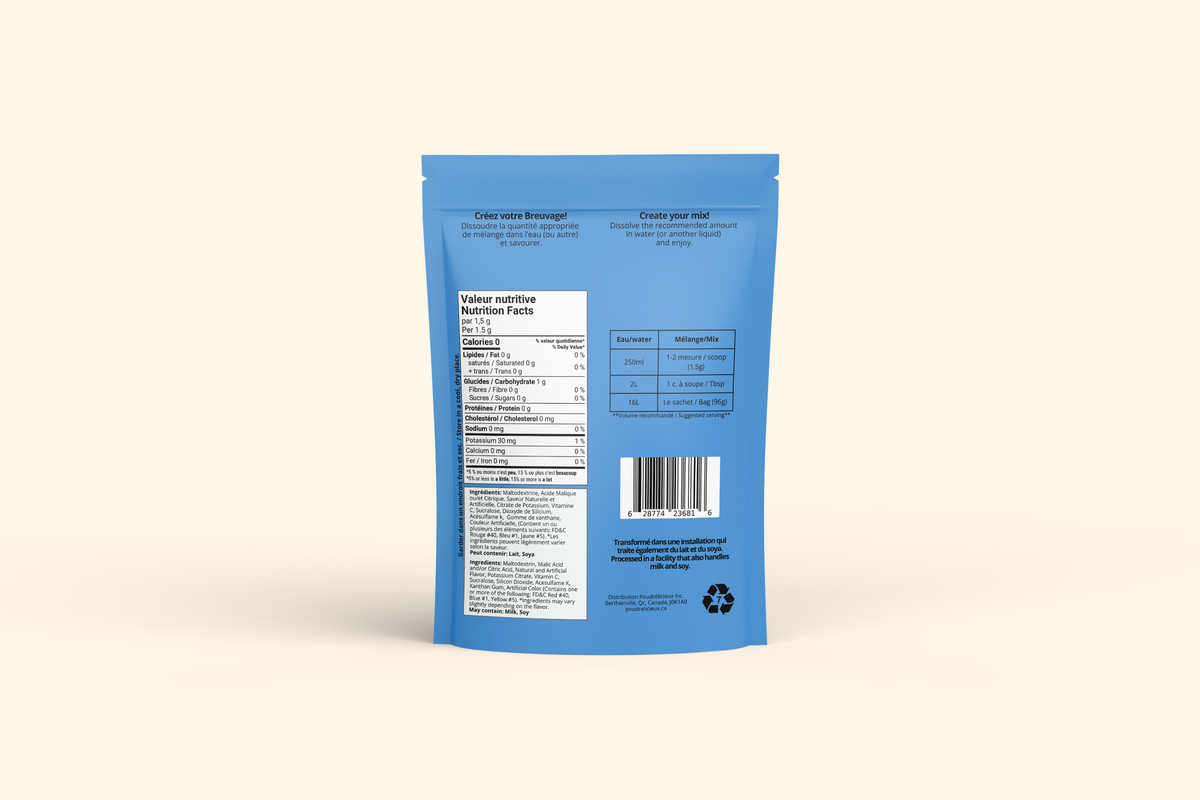 Verso du sachet Mélange à boisson sans sucre – Bleuet – 96 g Poudrélicieux : préparation, ingrédients et valeur nutritive