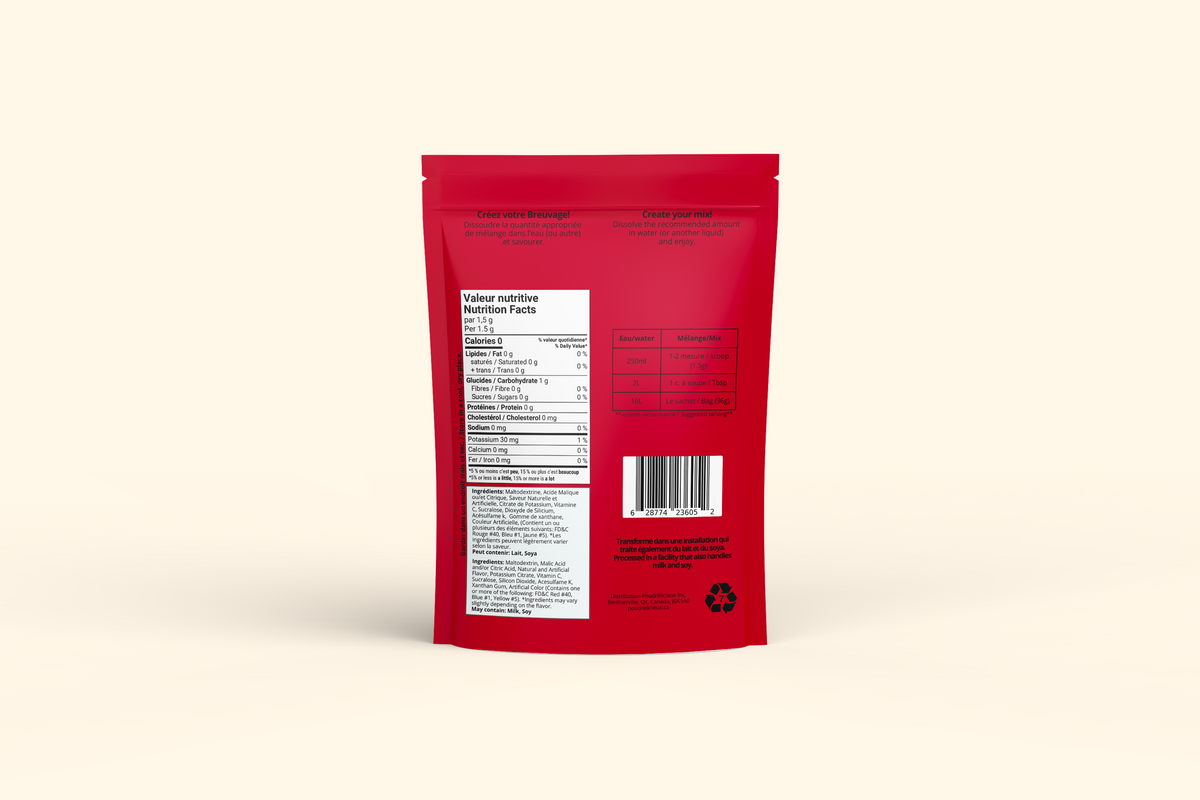 Verso du sachet Mélange à boisson sans sucre – Framboise rouge – 96 g Poudrélicieux : préparation, ingrédients et valeur nutritive