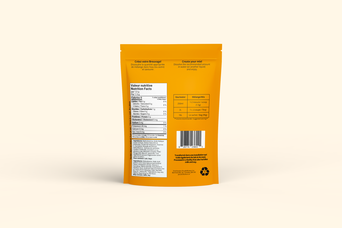 Dos du sachet : ingrédients et préparation Poudrélicieux, saveur fruit de la passion, 96 g