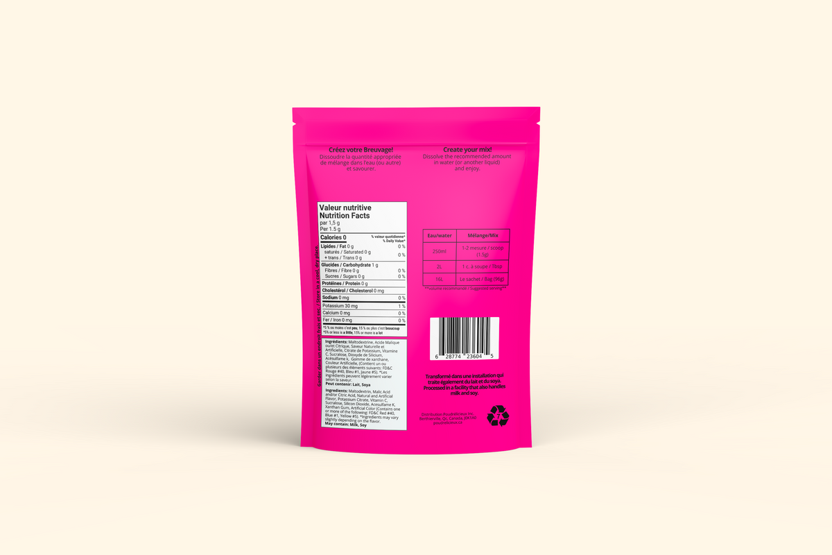 Verso du sachet Mélange à boisson sans sucre – Fruit du dragon – 96 g Poudrélicieux : préparation, ingrédients et valeur nutritive