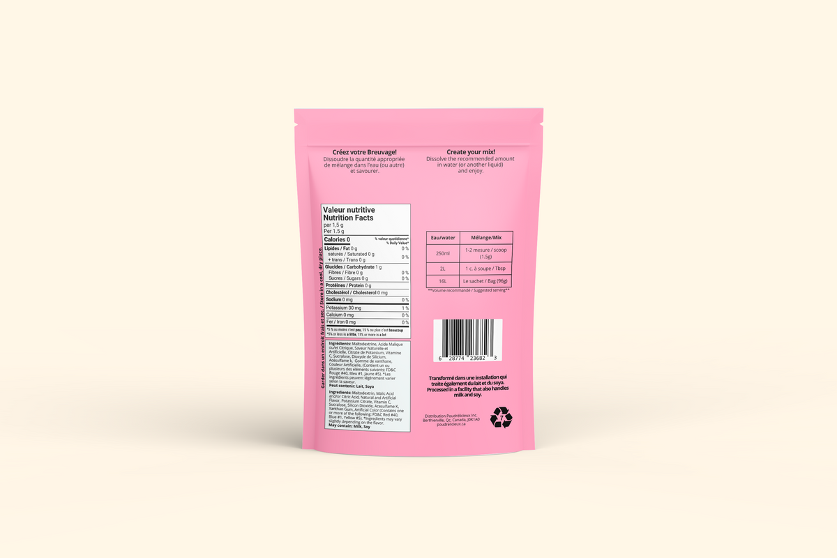 Dos du sachet : ingrédients et préparation Poudrélicieux, saveur gomme balloune, 96 g