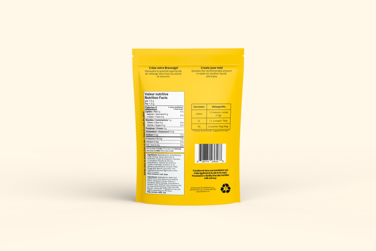 Verso du sachet Mélange à boisson sans sucre – Limonade – 96 g Poudrélicieux : préparation, ingrédients et valeur nutritive