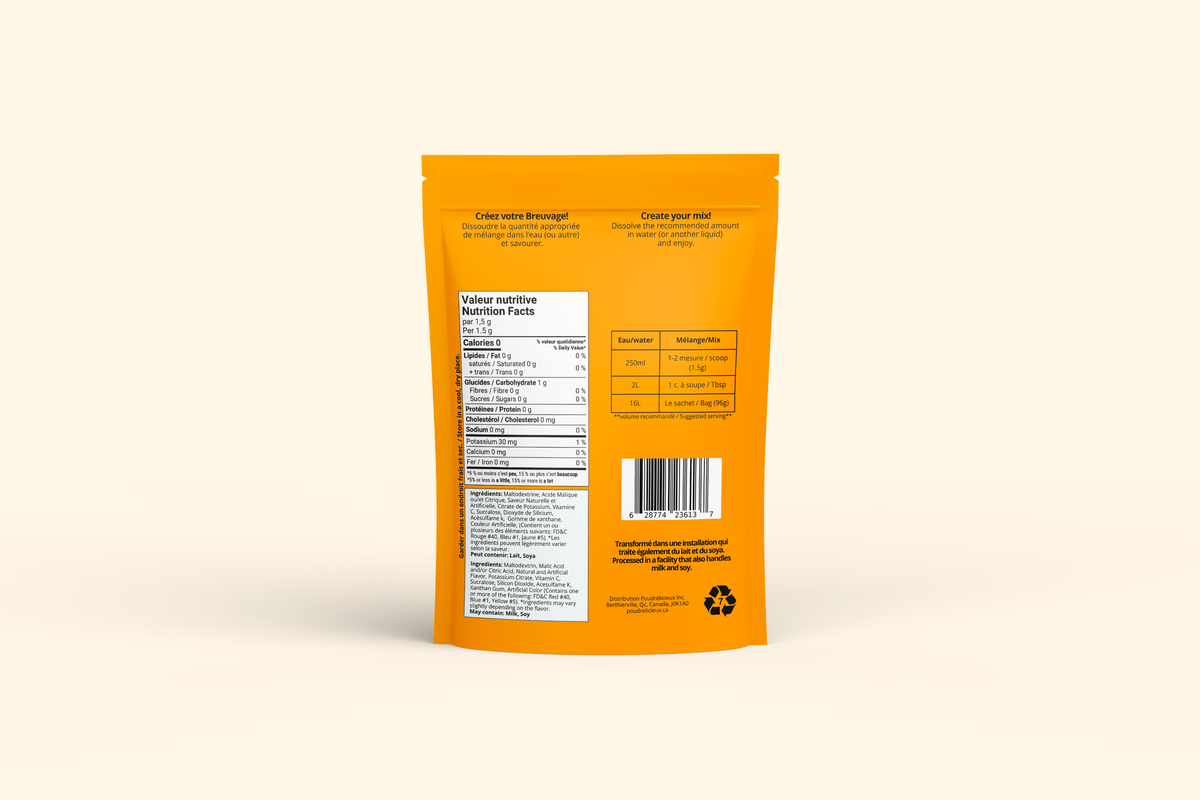 Verso du sachet Mélange à boisson sans sucre – Mangue – 96 g Poudrélicieux : préparation, ingrédients et valeur nutritive