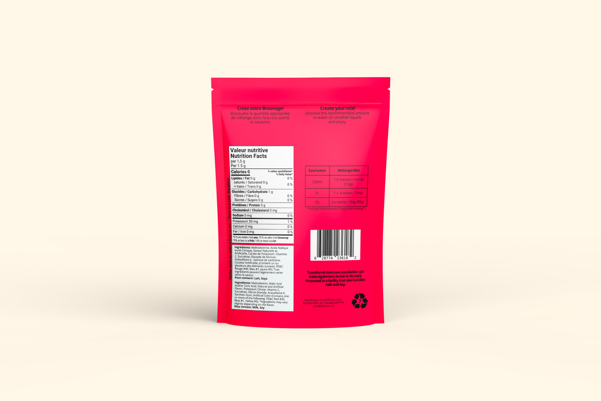 Verso du sachet Mélange à boisson sans sucre – Melon d’eau – 96 g Poudrélicieux : préparation, ingrédients et valeur nutritive