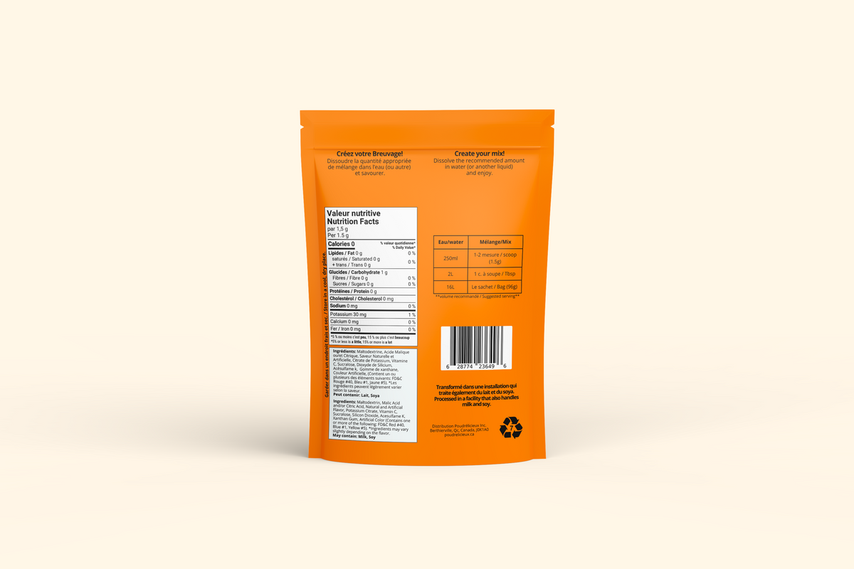 Dos du sachet : ingrédients et préparation Poudrélicieux, saveur orange, 96 g