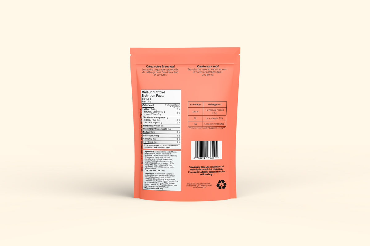 Verso du sachet Mélange à boisson sans sucre – Pêche Fuzzy acidulée – 96 g Poudrélicieux : préparation, ingrédients et valeur nutritive