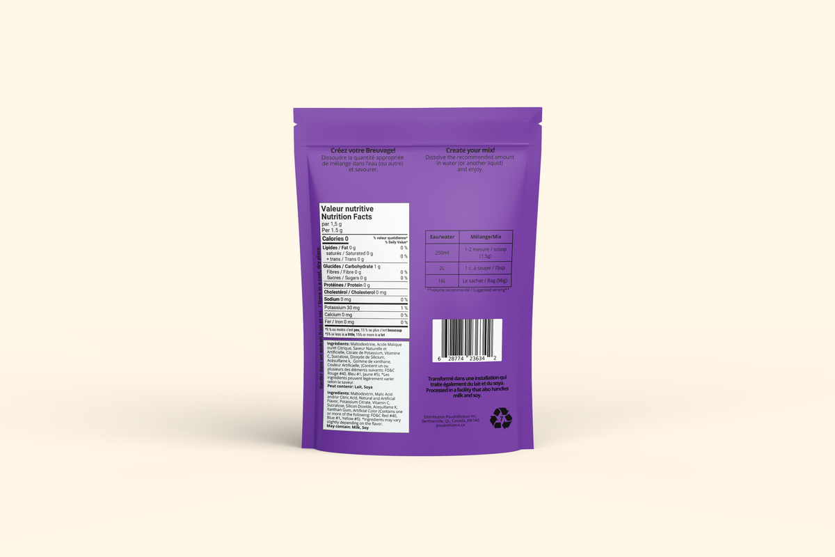 Verso du sachet Mélange à boisson sans sucre – Raisin – 96 g Poudrélicieux : préparation, ingrédients et valeur nutritive