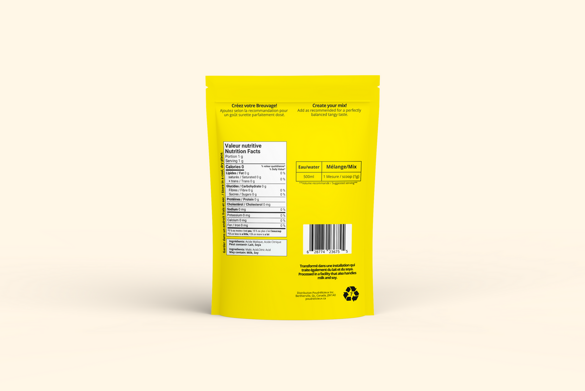 Verso du sachet Splash Surette Poudrélicieux : dosage, ingrédients et valeur nutritive
