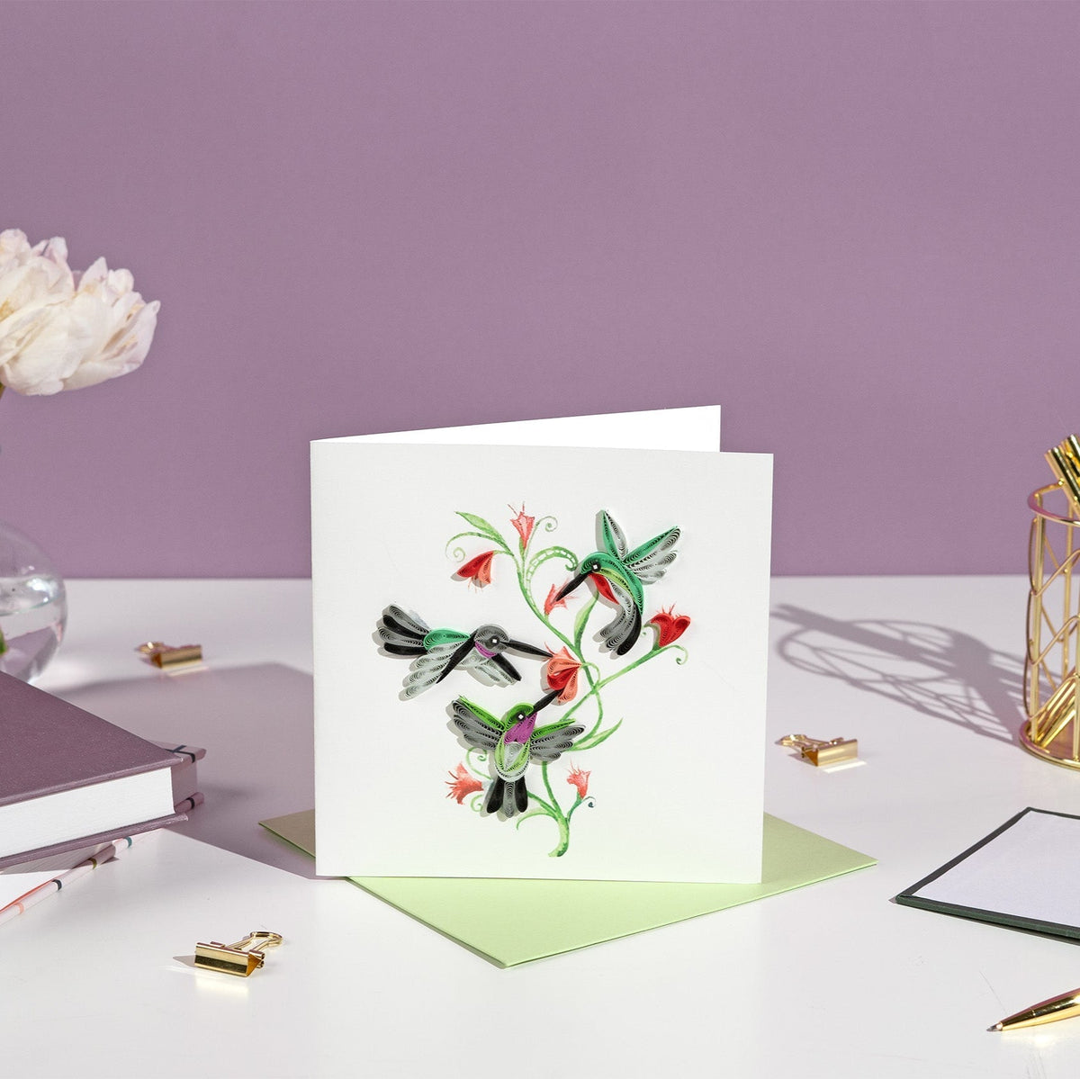 Carte de vœux trio de colibris en papier roulé