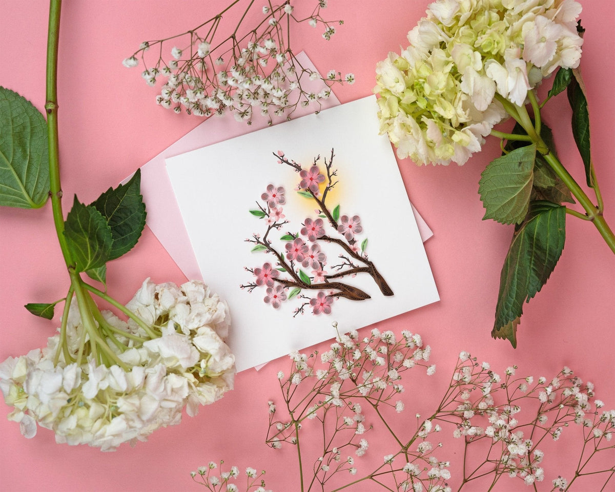 Carte de vœux cerisiers en fleurs quilling