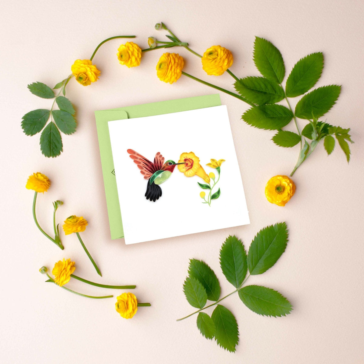 Carte de Vœux Colibri Quilling et Fleurs Jaunes