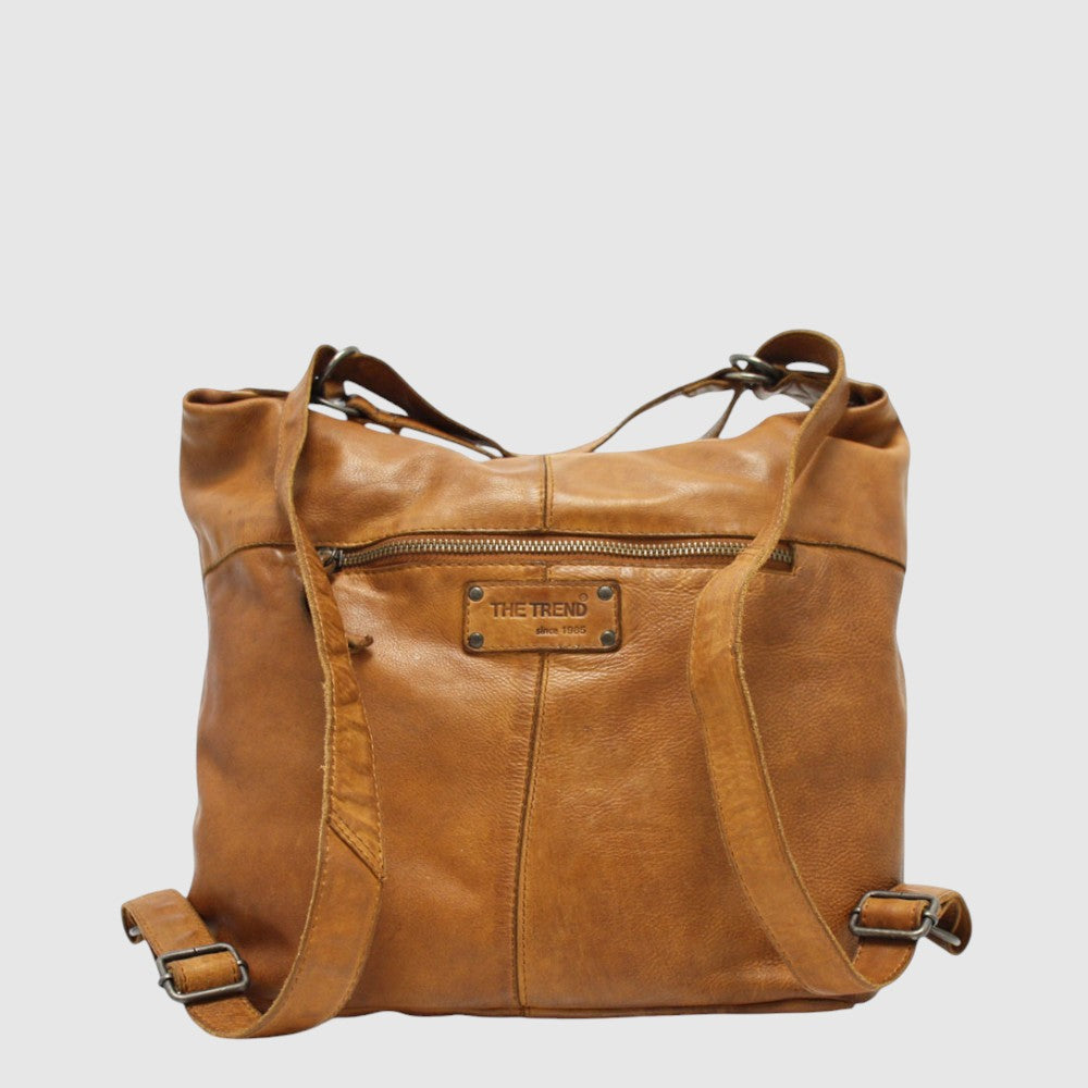 Sac à dos convertible en cuir The Trend – Poches avant, tan, vue porté en sac à dos
