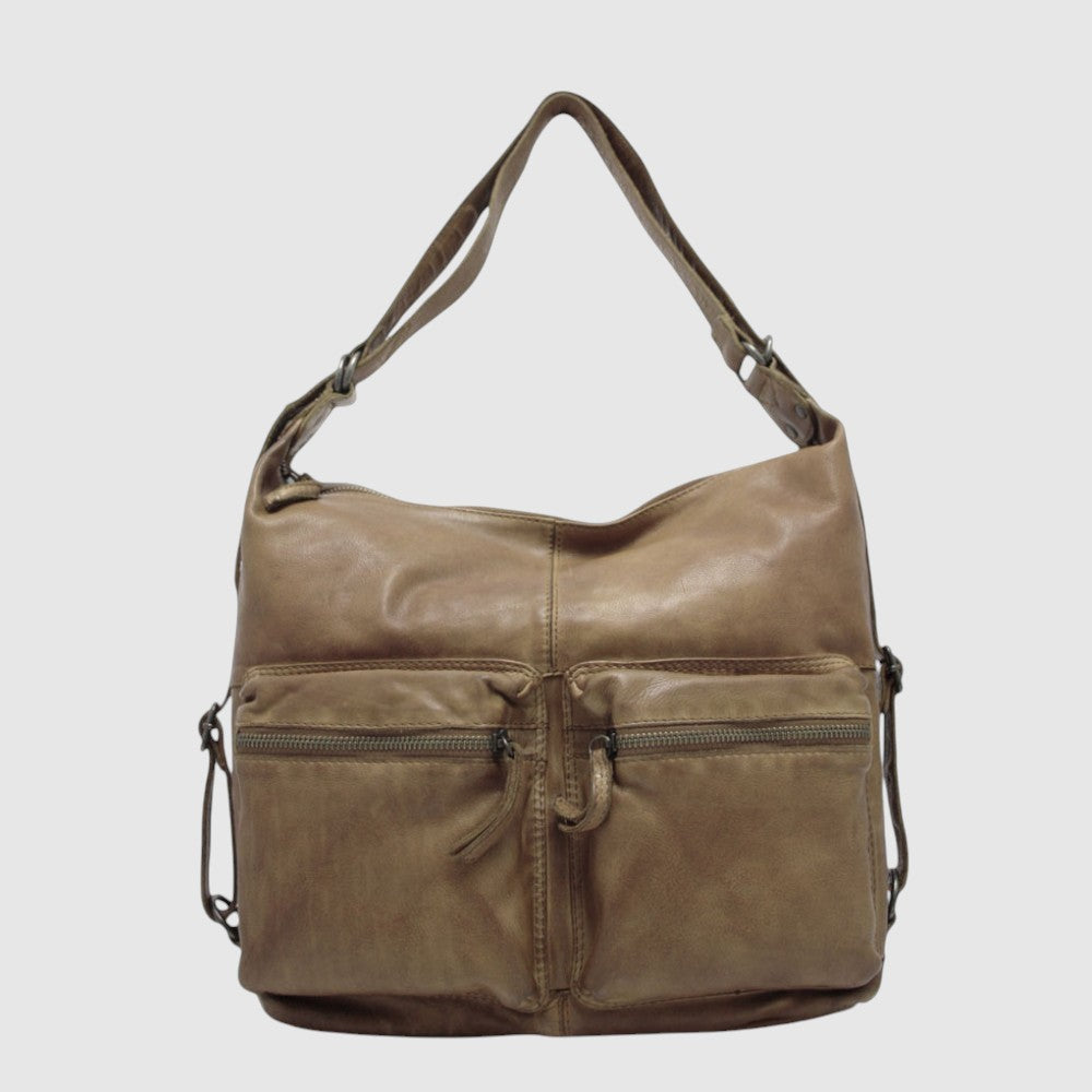 Sac à dos convertible en cuir The Trend – Poches avant, taupe, vue face