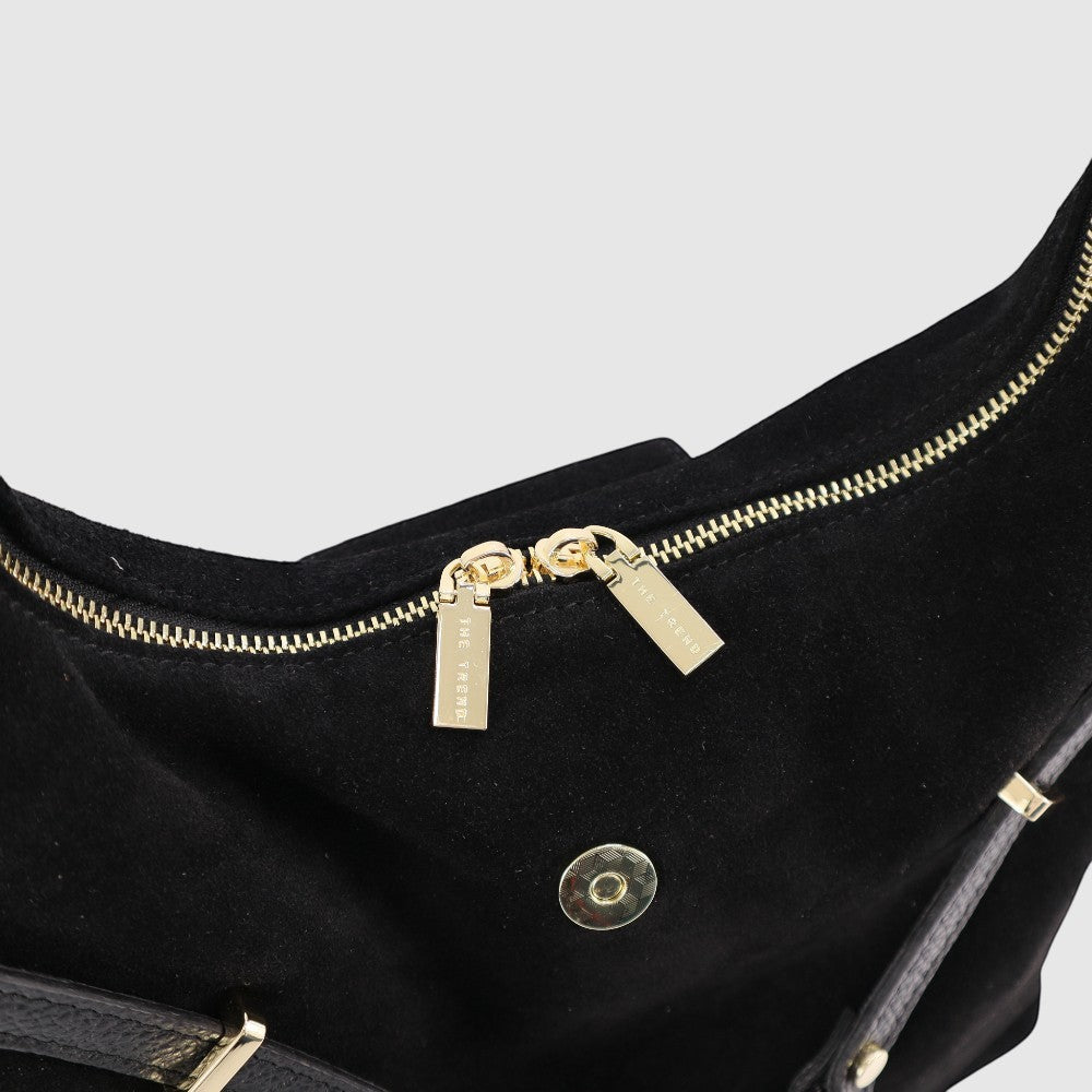 Sac à main convertible Casanova en suède The Trend, noir, vue détail du rabat et de la fermeture
